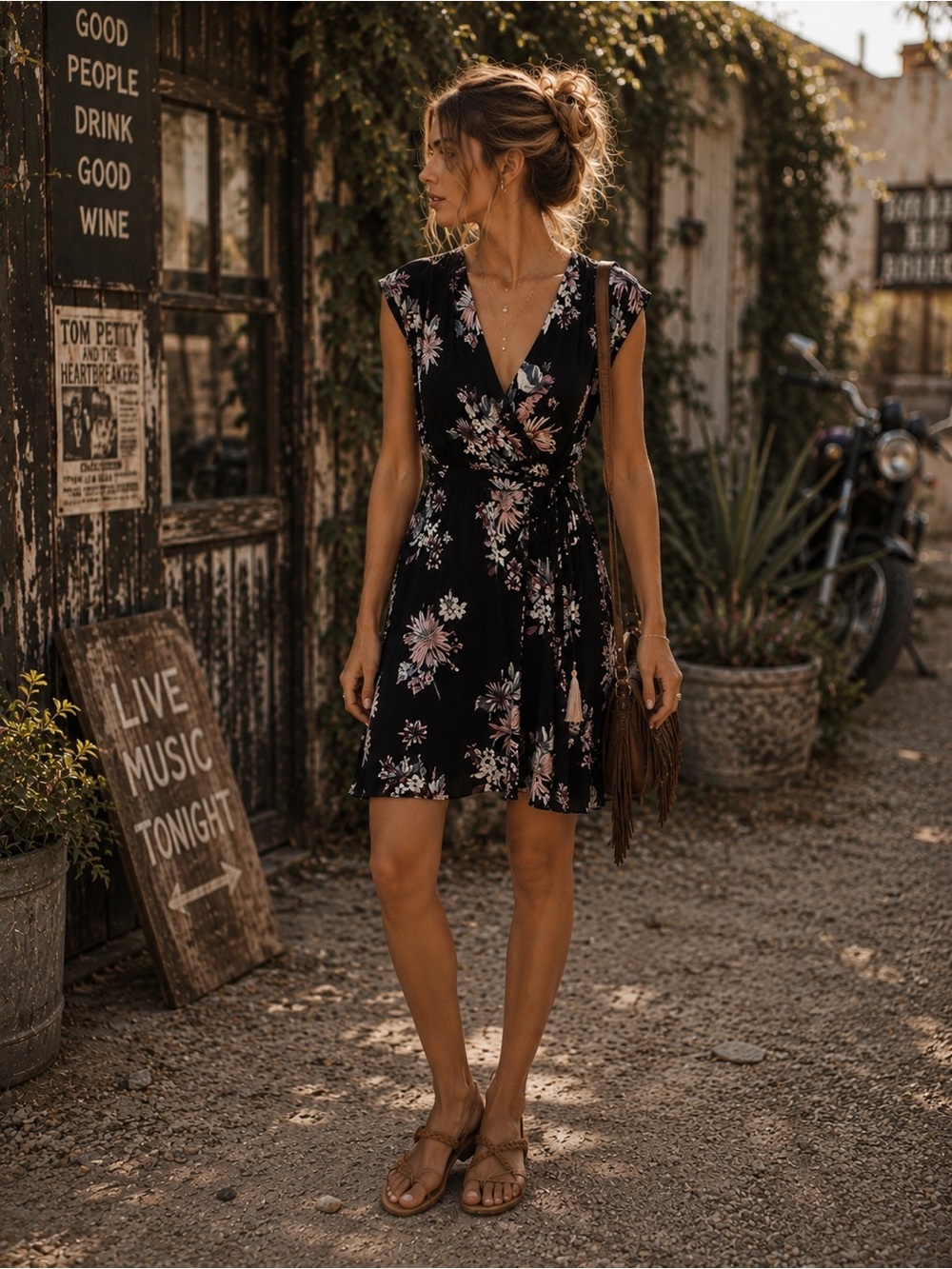 Lulu's Black Floral Wrap Dress SZ S